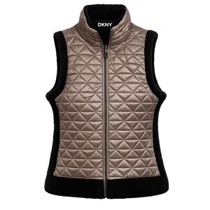 DKNY‎ Sport Women L Quilted Puffer Vest Metallic Taupe Black Sherpa Trim NWT